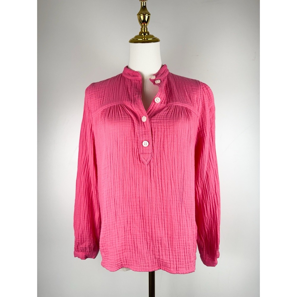 JCrew Pink Cotton Crinkle Gauze Henley Top XS Long Sleeve Band Collar Blouse⁠